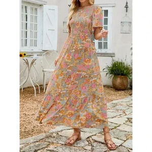 Retro 70s Dress Women S Yellow Floral Smocked Tiered Flutter Sleeve Maxi Zesica